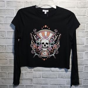 Stitch & Pine Girls’ Black Long Sleeve Tee Skull Butterfly Graphic Size XL NWT
